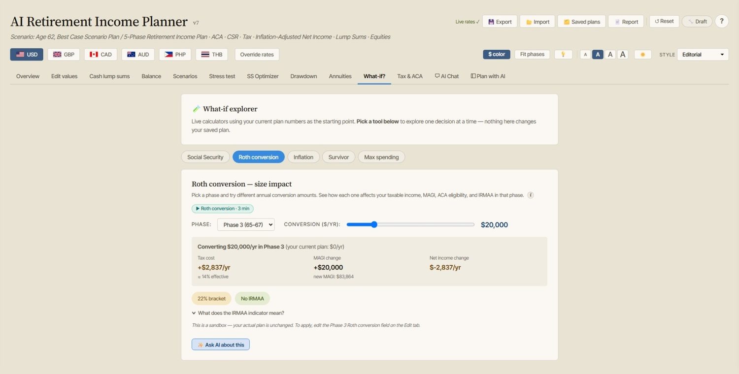 The what-if explorer modeling a Roth conversion scenario.